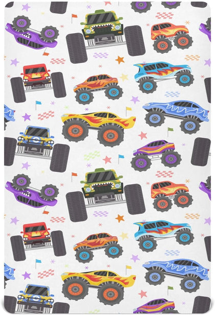 Crib Sheets for Boys Girl Cartoon Monster Trucks Breathable Mini Crib Mattress Sheets Fitted,Toddler Baby Sheets for Crib Mattress Soft & Breathable 39 * 27 * 5In