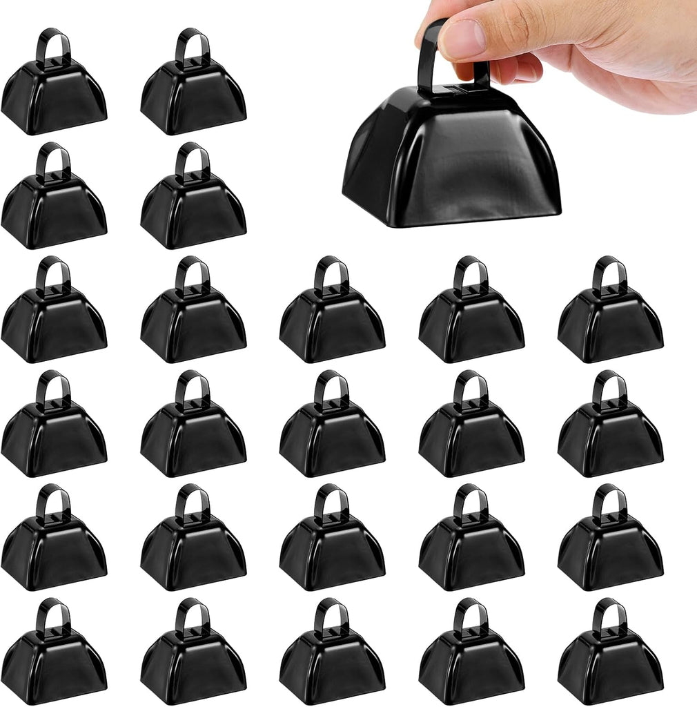 PATIKIL 3inch Cow Bells for Football Games, 24pcs Cowbells for Sporting Events Bulk Loud Noise Makers Metal Cow Bell with Handle for Cheering Competition Marathon Wedding DIY Paint, Black