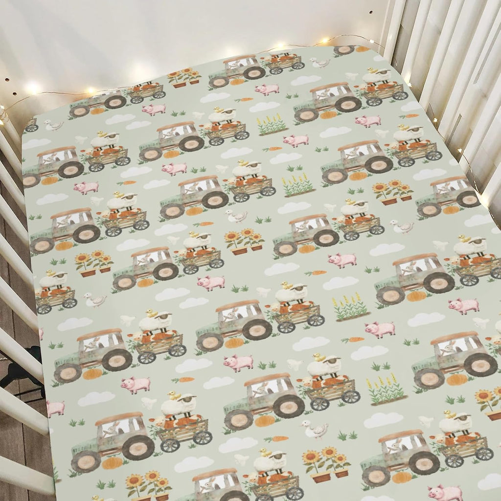 Spring Farm Life Baby Crib Sheets for Boy Girl 28"x52" Tractor Pig Lamb Cow Duck Sunflowers Soft Stretchy Fitted Crib Mattress Cover Farm Animal Baby Sheet for Standard Crib & Toddler Bed Mattress