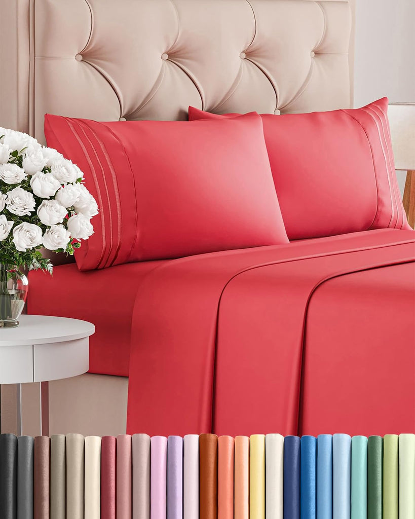 Cal King Size 4 Piece Sheet Set - Comfy Breathable & Cooling Sheets - Red