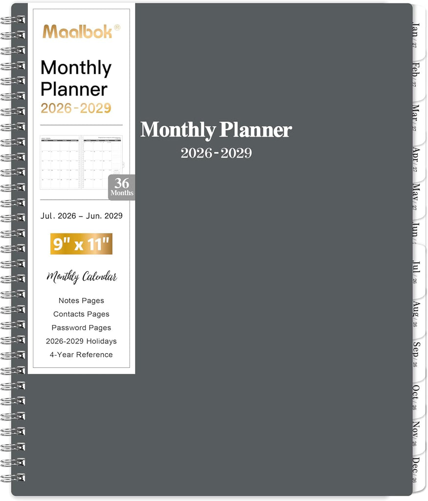 2026-2029 Monthly Planner/Calendar - July 2026 - June 2029, 3 Year Months Planner 2026-2029, 9'' x 11'', 36 Monthly Tabs, 2-Side Pocket, Gray