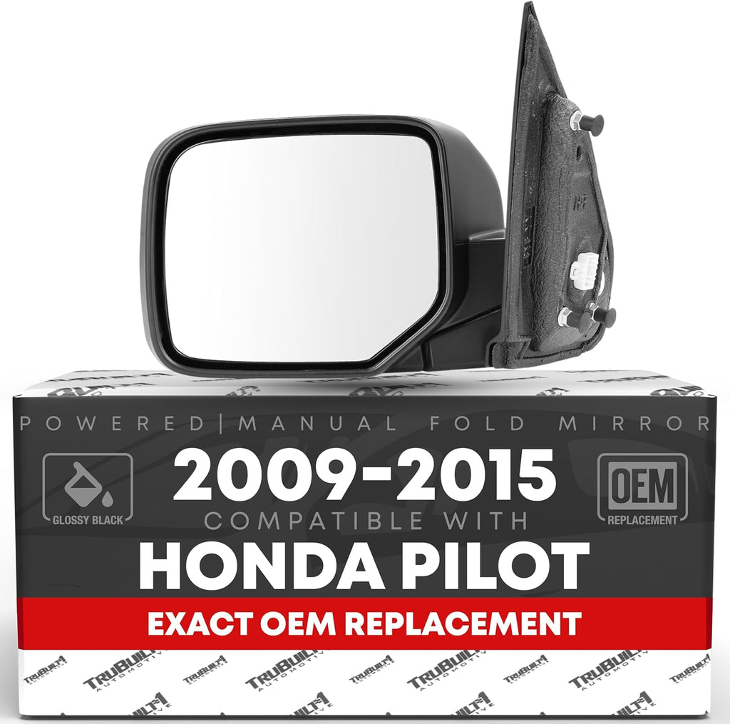 Driver Side Mirror Replacement - Compatible with 2009-2015 Honda Pilot - Powered Adjustment, Heated, Manual Fold, Flat Glass - Smooth Black, 16H5P - OEM 76258SZAA11ZF, HO1320248