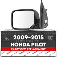 Driver Side Mirror Replacement - Compatible with 2009-2015 Honda Pilot - Powered Adjustment, Heated, Manual Fold, Flat Glass - Smooth Black, 16H5P - OEM 76258SZAA11ZF, HO1320248