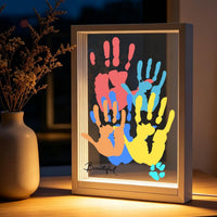 Family Handprint Kit with LED Light Base, Handprint Frame Kit, 12.3x8.7", 4 Transparent Panels, 6 Washable Pigments, Baby Safe Foot Craft, Meaningful Gift for Grandparents (White)