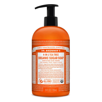 Dr. Bronner's - Organic Sugar Soap (Tea Tree, 24 Ounce) - Made with Organic Oils, Sugar and Shikakai Powder, 4-in-1 Uses: Hands, Body, Face and Hair, Cleanses, Moisturizes and Nourishes, Vegan