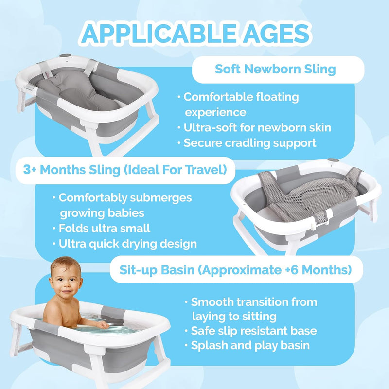 BEBELEH Bañera Plegable para Bebé con Termómetro y Doble Hamaca Gris