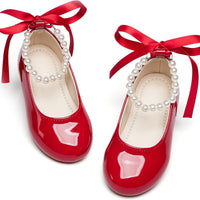 PHIRAMIN Toddler Flower Girl Patent Red Dress Shoes - Little Girl Ballet Flats Size 7 Pearl Wedding Party