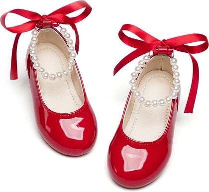 PHIRAMIN Toddler Flower Girl Patent Red Dress Shoes - Little Girl Ballet Flats Size 7 Pearl Wedding Party