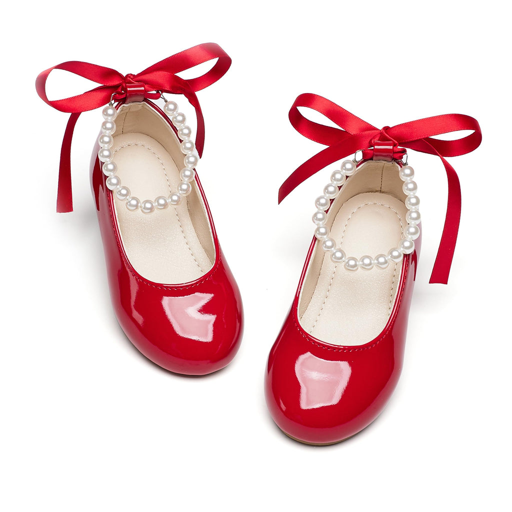 PHIRAMIN Toddler Flower Girl Patent Red Dress Shoes - Little Girl Ballet Flats Size 6 Pearl Wedding Party