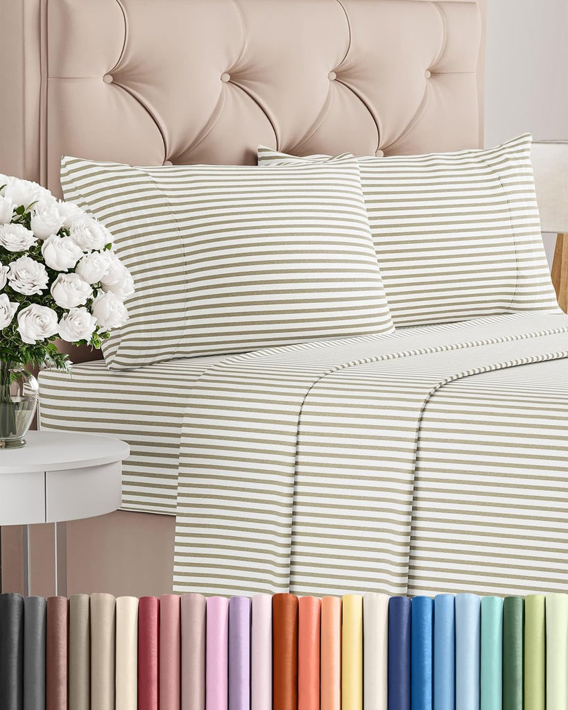 King Size 4 Piece Sheet Set - Breathable & Cooling Sheets - Beige Stripes