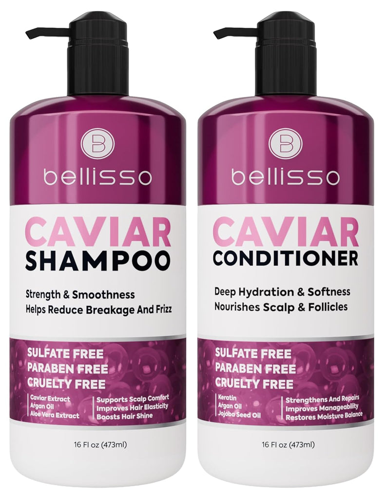 Caviar Shampoo and Conditioner Set - Sulfate Free, Moisturizing and Hydrating for Dry Hair - Salon Formula, Deep Conditioning Hair Treatment - Anti Frizz For Women and Men - 16 Fl Oz (Set of 2)