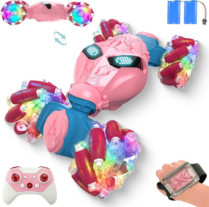 Pink Rc Gesture Sensing Stunt Car Toys for Girls 3 4 5 6 7 8 9 10 1112 Years Old, Drift Hand Control Remote Control Cars with Light & Music, 4WD 360°Rotation Double Side Cars Birthday Gifts for Kid