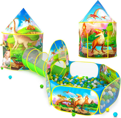 PigPigPen 3pc Dinosaur Play Tent for Kids, Baby Ball Pit, Crawl Tunnel, Castle Tents for Toddlers, Children Indoor & Outdoor Playhouse Toys, Perfect Kid’s Gifts
