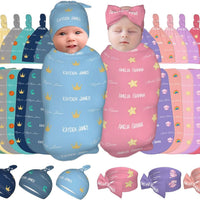 WAJL POD Personalized Baby Swaddle and Hat Headband for Girls and Boys with Name - Custom Baby Blankets for Girls and Boys with Name