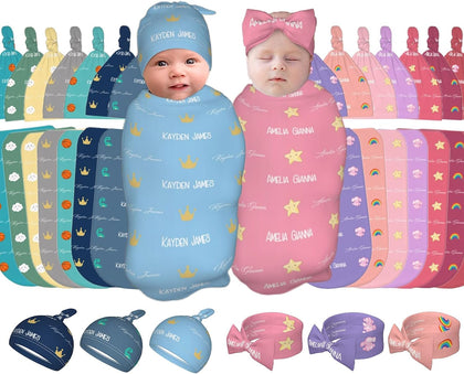 WAJL POD Personalized Baby Swaddle and Hat Headband for Girls and Boys with Name - Custom Baby Blankets for Girls and Boys with Name
