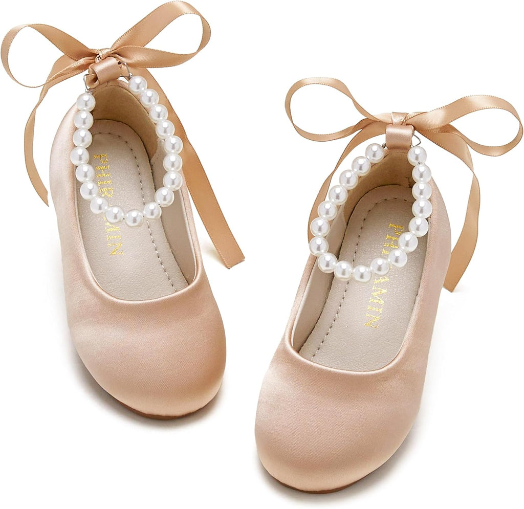 PHIRAMIN Toddler Flower Girl Satin Dark Nude Dress Shoes - Little Girl Ballet Flats Size 7 Pearl Wedding Party