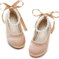 PHIRAMIN Toddler Flower Girl Satin Dark Nude Dress Shoes - Little Girl Ballet Flats Size 7 Pearl Wedding Party