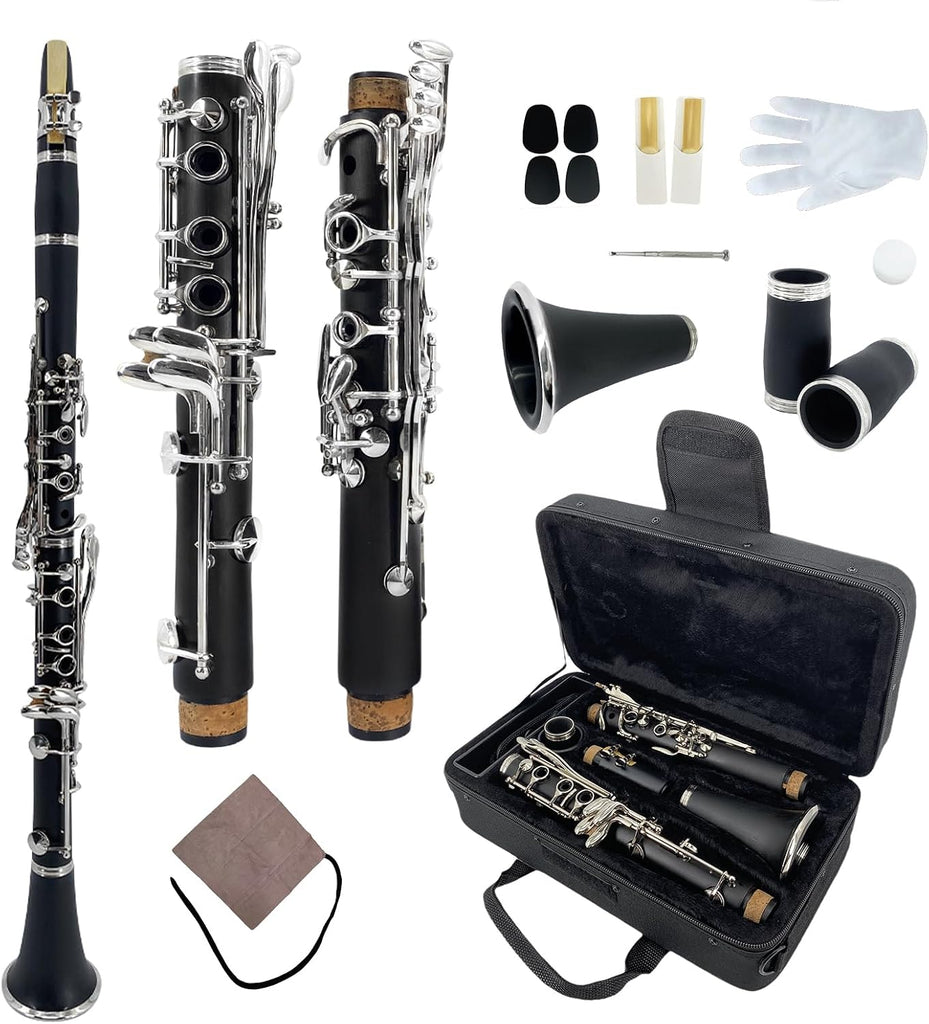 YoungMonic Professional Ebonite A Clarinet with Nickel-Plated Keys Rich Black Finish for Intermediate & Advanced Players Includes Padded Carry Bag, Reeds, Cork Grease & Clarinet Cleaning Kits(m1)