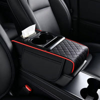 BNMFFYU Car Armrest Cushion: Fuax Leather Center Console Cover with Cup Holder, 2 Storage Bags, Phone Slot and Tissue Box Slot, Middle Console Organizer for Most Vehicle(005# Redline)