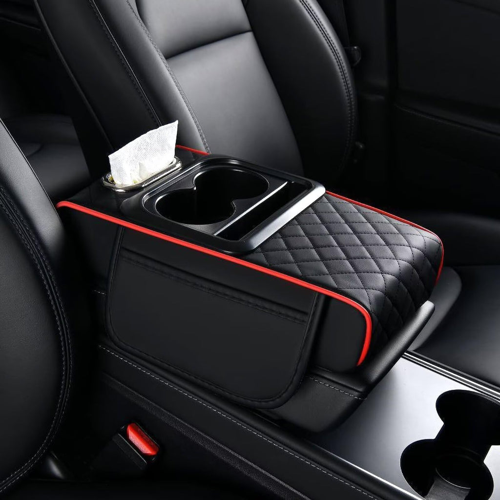 BNMFFYU Car Armrest Cushion Fit for Solterra: Fuax Leather Center Console Cover with Cup Holder, 2 Storage Bags, Phone Slot and Tissue Box Slot, Middle Console Organizer(005# Redline)