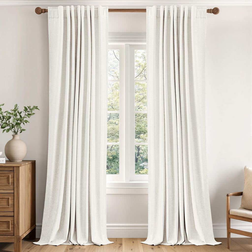 MIULEE 100% Blackout Linen Curtains for Bedroom 40W x 90L White 2 Panels