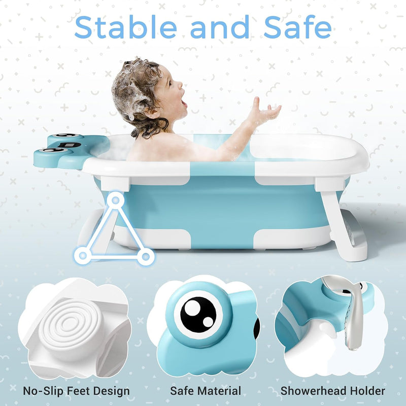 BUNWAG Bañera Plegable para Bebé con Termómetro y Cojín Azul