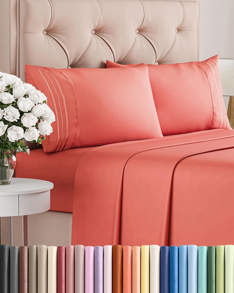 Cal King Size 4 Piece Sheet Set - Comfy Breathable & Cooling Sheets - Coral