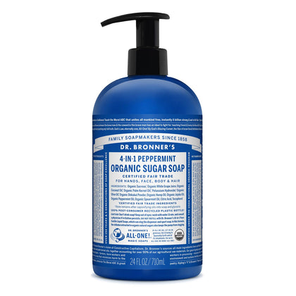 Dr. Bronner's - Organic Sugar Soap (Peppermint, 24 Ounce) - Made with Organic Oils, Sugar & Shikakai Powder, 4-in-1 Uses: Hands, Body, Face & Hair, Cleanses, Moisturizes & Nourishes, Vegan