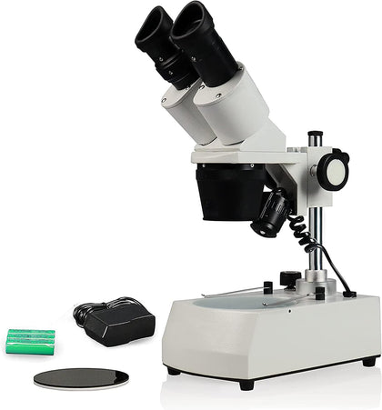 Parco Scientific PST-24-10LRC Binocular Stereo Microscope, 10x Widefield Eyepiece, 2X and 4X Objectives, 20x and 40x Magnification, Top and Bottom LED Illumination, Rechargeable Battery