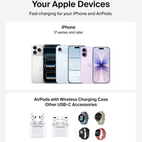 Belkin MagSafe Charger, Compatible 2-in-1 Charging Station, Qi2.2 25W Magnetic Wireless Charger iPhone, Foldable Stand, with 5W USB-C Port, for iPhone 17/16/15, Pixel 10, AirPods, 45W Adapter Included