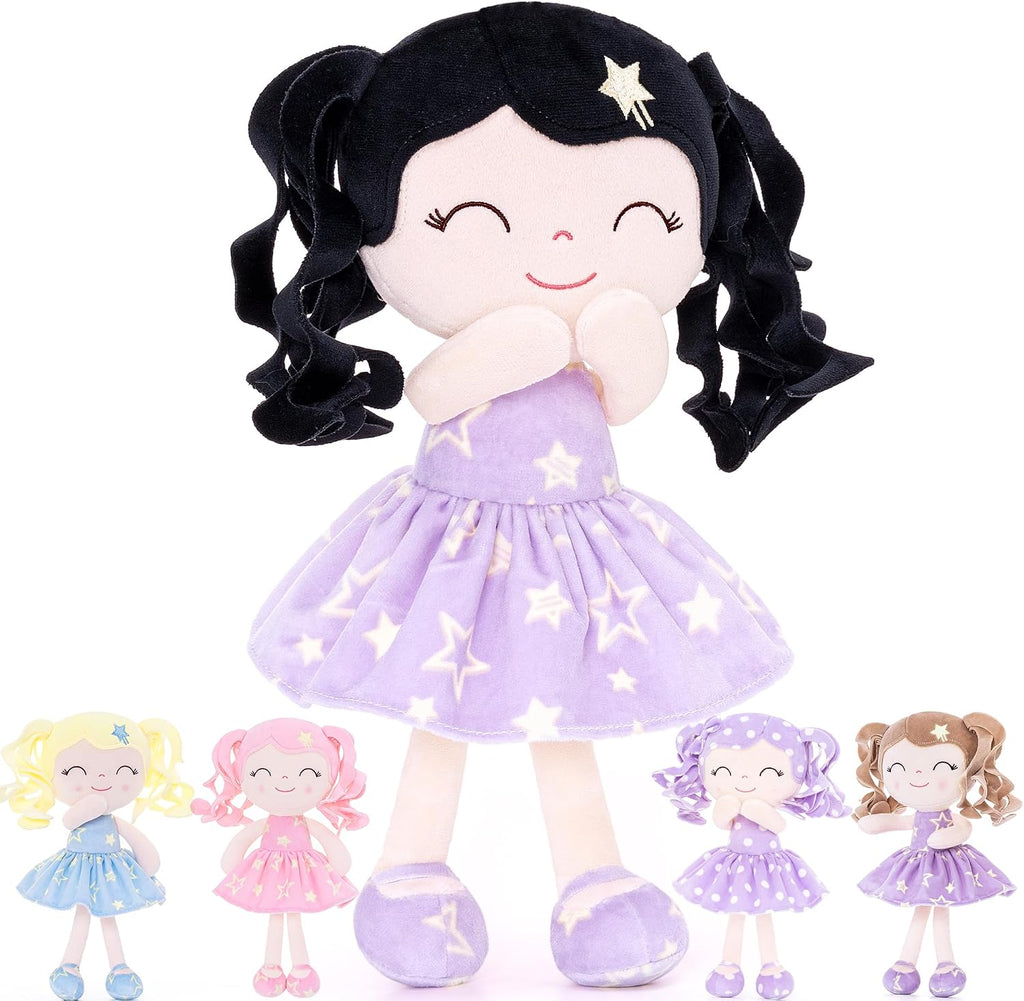 Gloveleya Baby Dolls Soft Snuggly First Baby Girl Gifts Soft Doll for Dark Hair Girls with Star Printed Purple Dress 12inches Galaxy Series