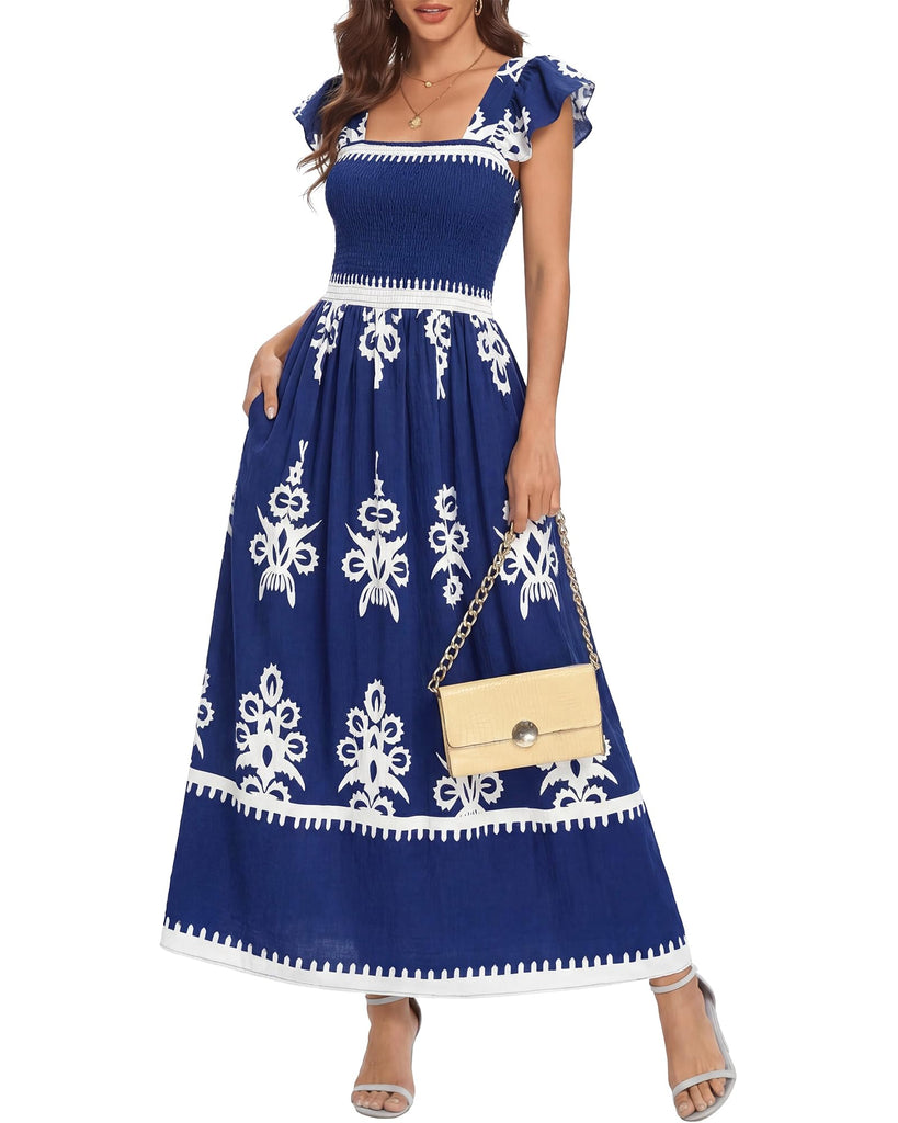 BTFBM Summer Dresses for Women 2026 Casual Floral Boho Sleeveless Square Neck A Line Flowy Beach Maxi Sundress Pockets(Dark Blue White Flower, Small)