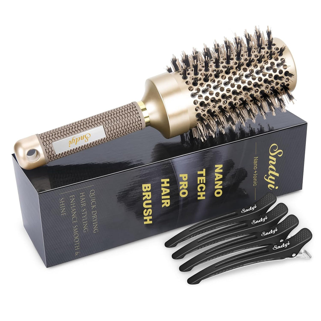 Sndyi Large Round Brush for Blow Out, 2.1 Inch Nano Thermal Ceramic Ionic Round Hair Brush with Boar Bristles, Boost Shine and Volume, Quick Blow Drying and Styling, Best for Long Thick Hair