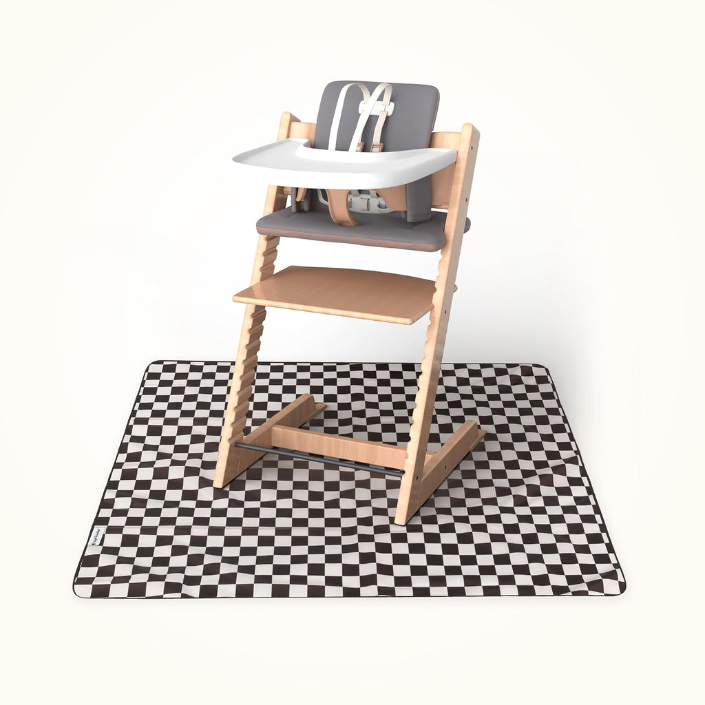 Tiny Twinkle Splat Mat for Under High Chair or Table | 44" x 44" Waterproof & Mess-Proof High Chair Mat for Baby, Machine Washable for Mealtime or Art(Black Checkers)