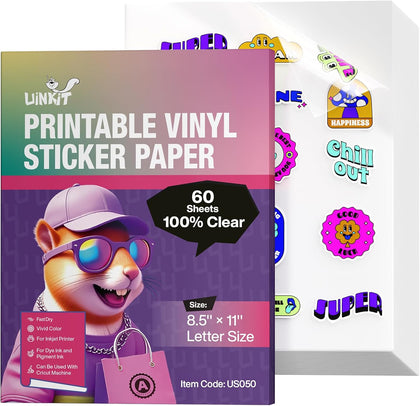 Uinkit 100% Clear Printable Vinyl Sticker Paper Letter Size 8.5
