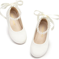 PHIRAMIN Toddler Flower Girl Faux Leather Ivory White Dress Shoes - Little Girl Ballet Flats Size 10 Pearl Wedding Party