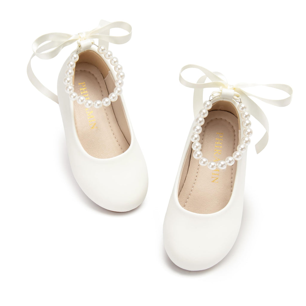 PHIRAMIN Toddler Flower Girl Faux Leather Ivory White Dress Shoes - Little Girl Ballet Flats Size 5 Pearl Wedding Party