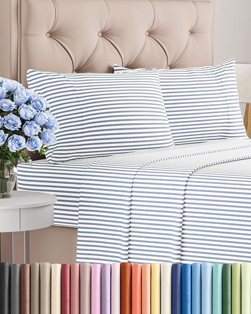Cal King Size 4 Piece Sheet Set - Comfy Breathable & Cooling - Blue Stripes