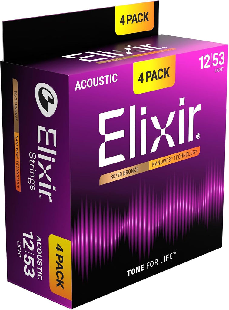 Elixir Strings, Acoustic Guitar Strings, 80/20 Bronze with NANOWEB Technology, Longest-Lasting Bright and Focused Tone with Comfortable Feel, 4 Pack, Light 12-53
