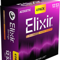 Elixir Strings, Acoustic Guitar Strings, 80/20 Bronze with NANOWEB Technology, Longest-Lasting Bright and Focused Tone with Comfortable Feel, 4 Pack, Light 12-53