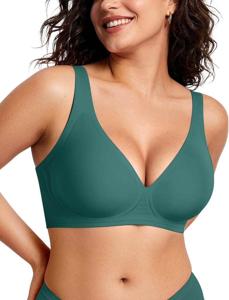 OEAK Womens Jelly Bras Wireless Deep V Comfy Push Up Tshirt Bras GRN M