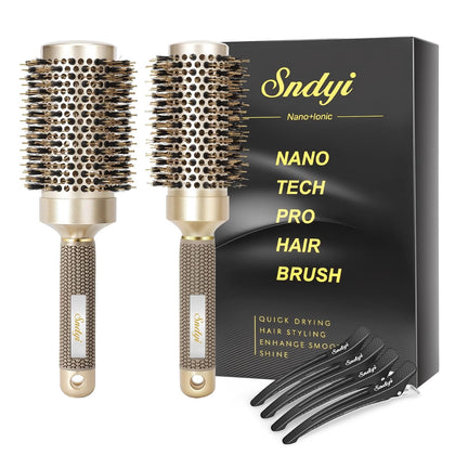 Sndyi Nano Thermal Ceramic & Ionic Tech Round Hair Brush with Boar Bristles, Professional Barrel Brush for Styling, Curling and Straightening, 2 Pack
