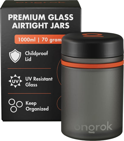 ONGROK Glass Storage Jar, 1L, Single Pack, UV Herb/Spice Jar with Child Resistant Lid, Color-Coded Glass Containers Air