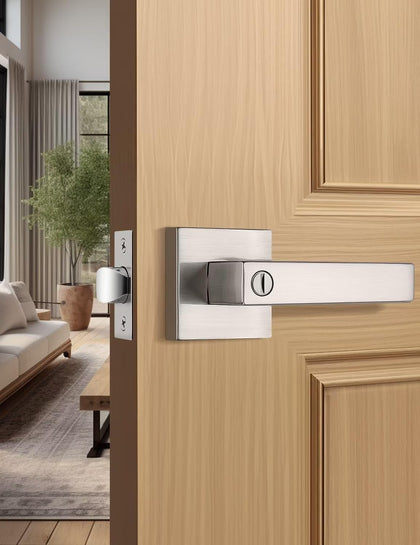 Tinewa Privacy Square Brushed Nickel Door Handles Interior, Keyless Door Knobs for Bedroom/Bathroom, Reversible for Left Right Handed Doors, 1 Pack