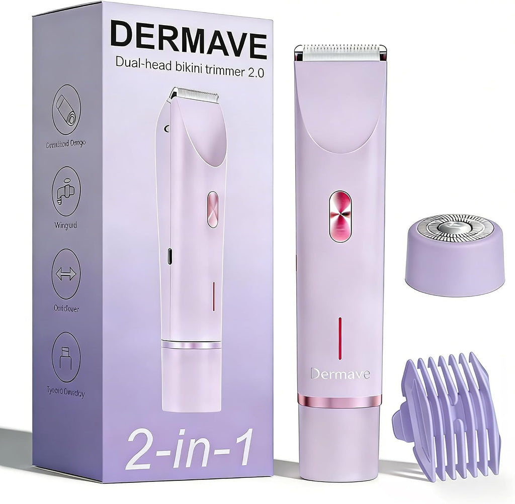 Dermave Bikini Shaver - Cordless Electric Wet & Dry Dual-Head Shaver, Washable, Ceramic Blades, USB Rechargeable, Travel Portable Design (Purple)