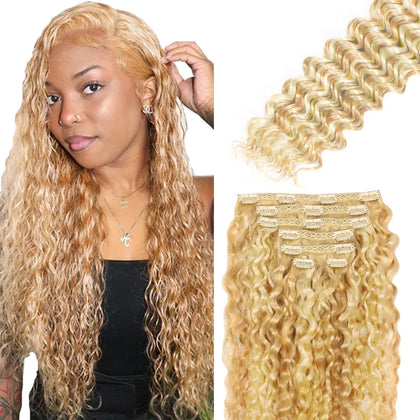 26 Inch P27613 Blonde Clip in Hair Extensions,Soft Real Human Hair 120g 7pcs,Brazilian Remy Clip ins for Women,Honey Blonde Clip ins Silky Deep Wave Hair Extensions