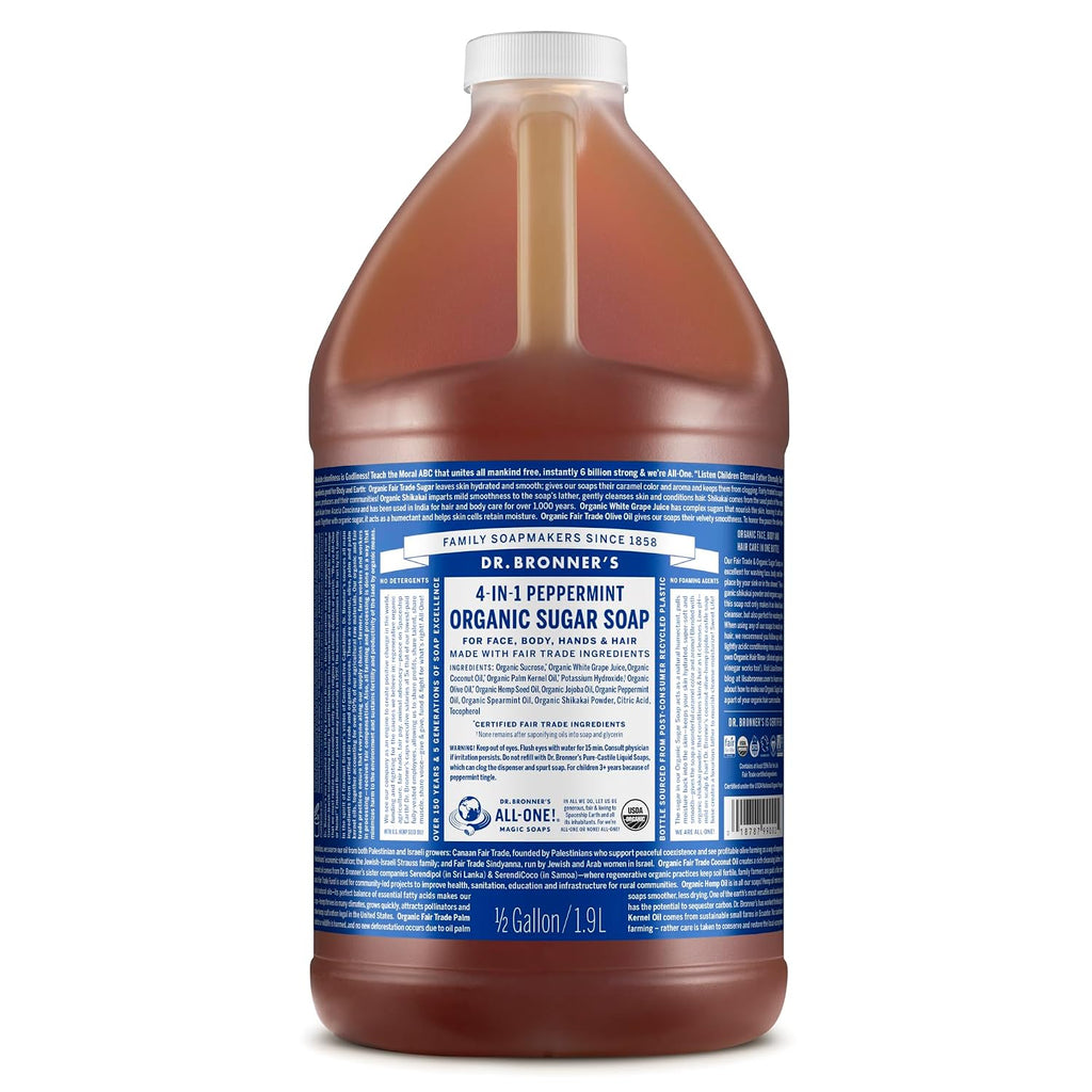 Dr. Bronner's Organic Sugar Soap (Peppermint, 64 Ounce)- Made with Organic Oils, Sugar & Shikakai Powder, 4-in-1 Uses: Hand and Body Wash, Face, Hair- Cleanses, Moisturizes, Nourishes, Vegan
