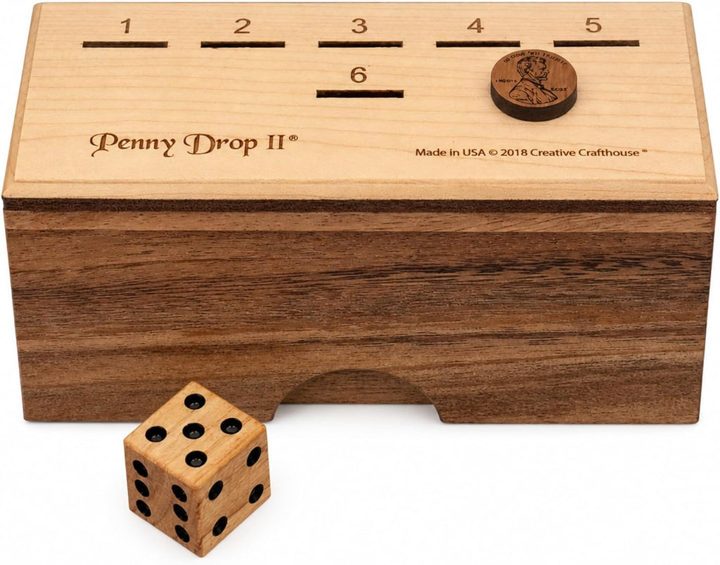 Penny Drop II Wooden Dice Game – Handmade Family Game with Maple Wood Lid