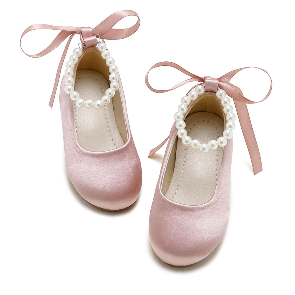 PHIRAMIN Toddler Flower Girl Satin Pink Dress Shoes - Little Girl Ballet Flats Size 9 Pearl Wedding Party