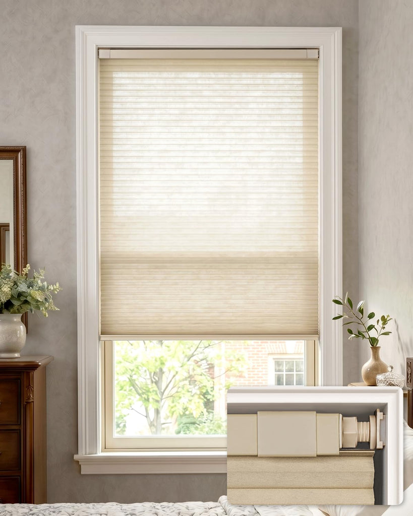 LazBlinds No Drill Light Filtering Cellular Shades, 32" W x 64" H, Beige